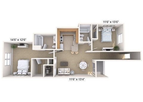 Floor plan for 2 beds, 2 baths, 921 sqft